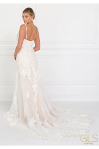 Long Lace Ivory V-Neck Wedding Dress by Elizabeth K GL1515 - Long Formal Dresses