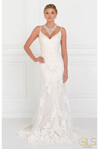 Long Lace Ivory V-Neck Wedding Dress by Elizabeth K-Long Formal Dresses-ABC Fashion