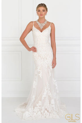 Long Lace Ivory V-Neck Dress by Elizabeth KGL1515