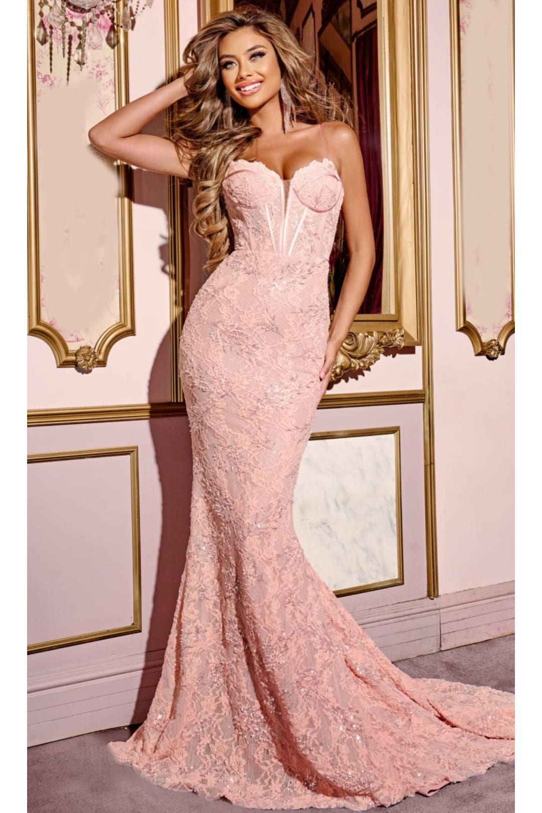 apparel prom dress Long Lace Prom Dress: Jovani D5009 Peach / 12