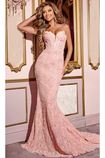 Long Lace Prom Dress: Jovani D5009 - Peach / 00 - Apparel & Accessories > Clothing > Dresses