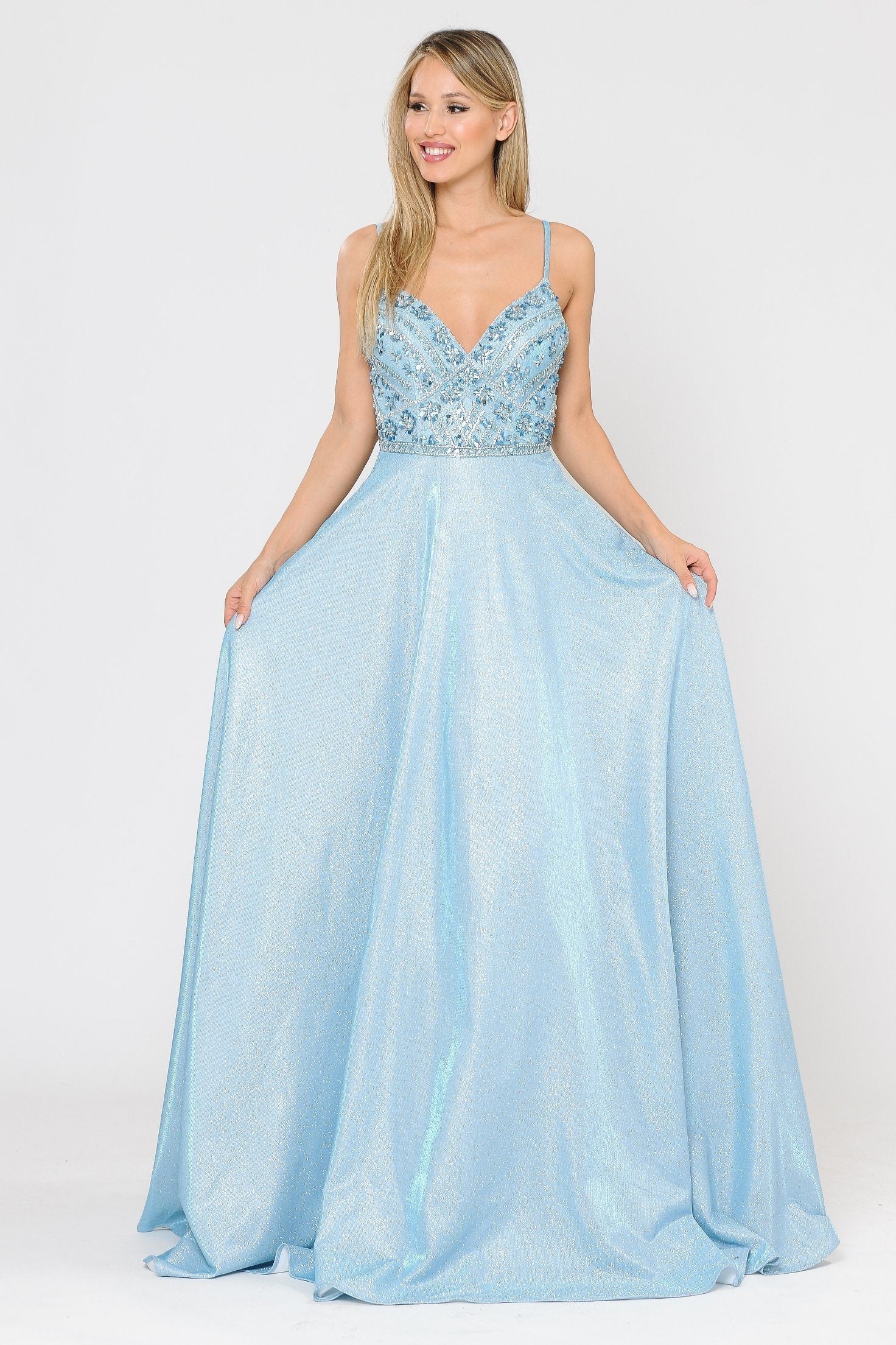 Poly USA 8414 Long Metallic Glitter Dress with Beaded Bodice