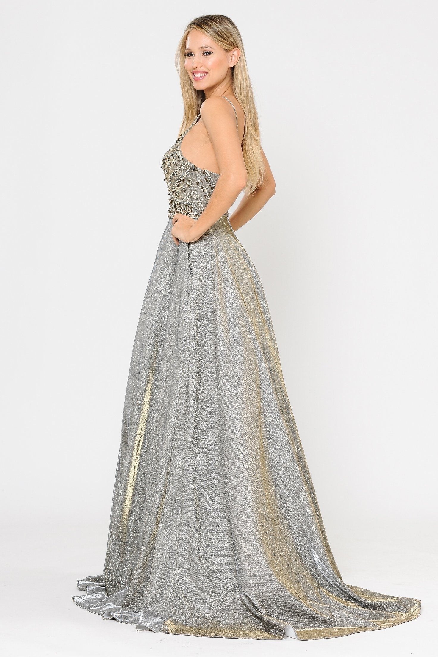 Poly USA 8414 Long Metallic Glitter Dress with Beaded Bodice