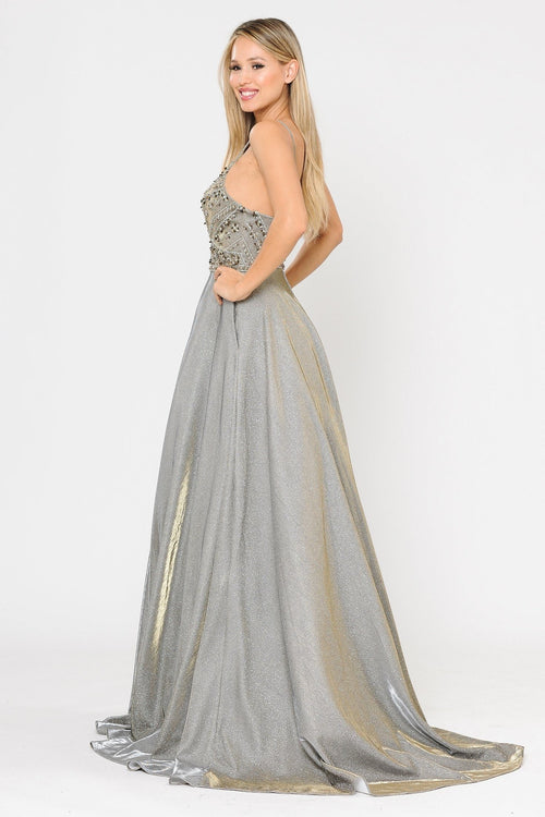 Poly USA 8414 Long Metallic Glitter Dress with Beaded Bodice