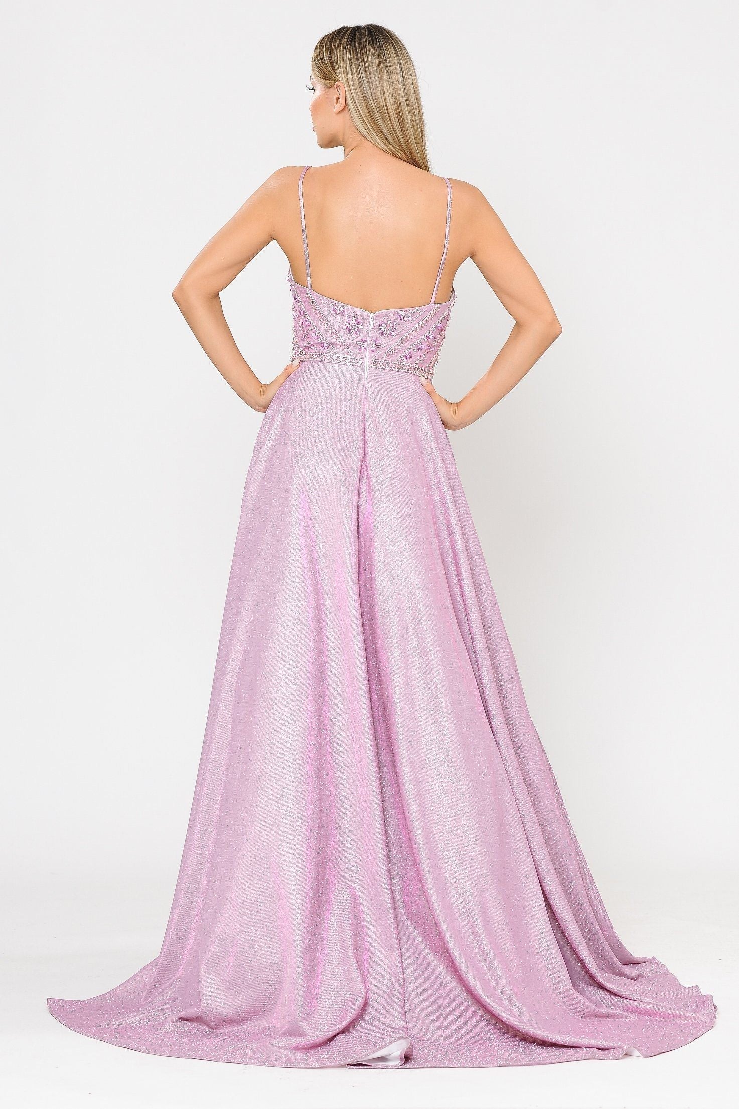 Poly USA 8414 Long Metallic Glitter Dress with Beaded Bodice