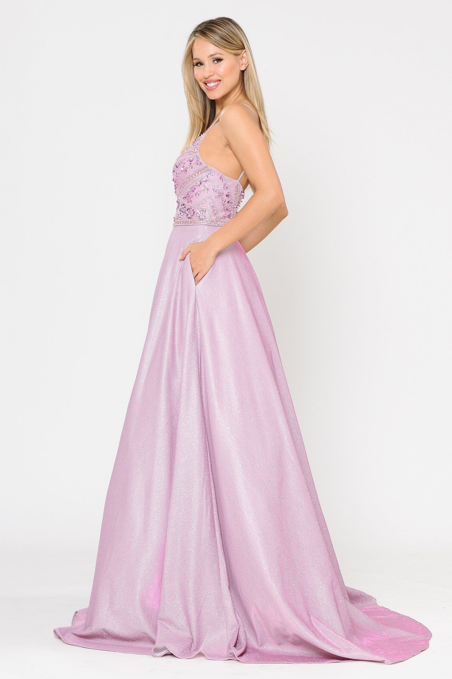 Poly USA 8414 Long Metallic Glitter Dress with Beaded Bodice