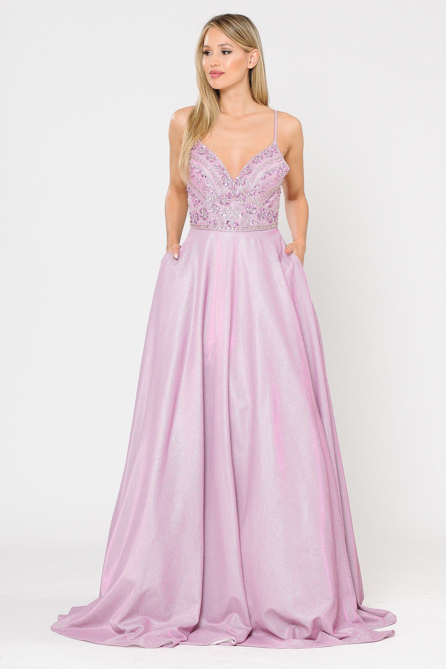 Poly USA 8414 Long Metallic Glitter Dress with Beaded Bodice