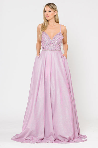 Poly USA 8414 Long Metallic Glitter Dress with Beaded Bodice
