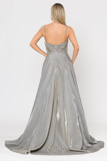 Poly USA 8414 Long Metallic Glitter Dress with Beaded Bodice