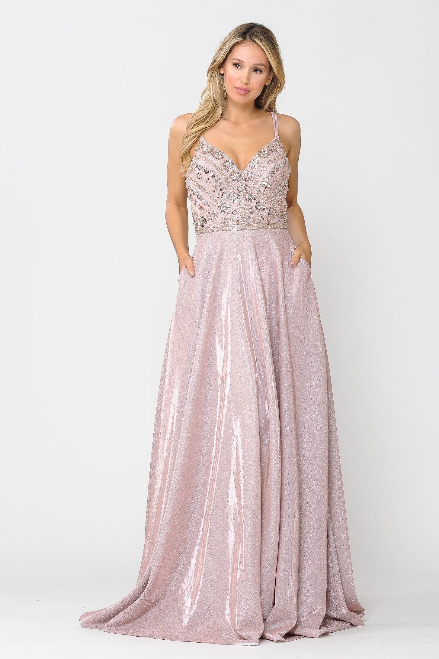Poly USA 8414 Long Metallic Glitter Dress with Beaded Bodice