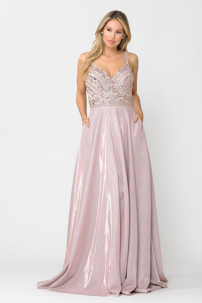 Poly USA 8414 Long Metallic Glitter Dress with Beaded Bodice