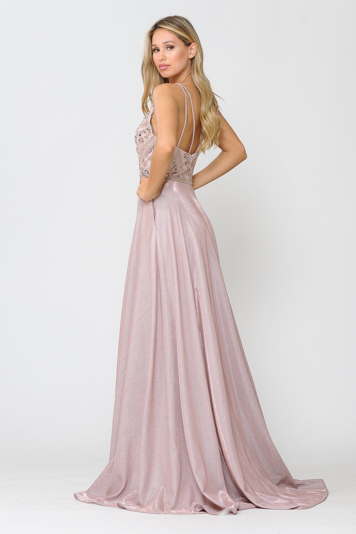 Poly USA 8414 Long Metallic Glitter Dress with Beaded Bodice