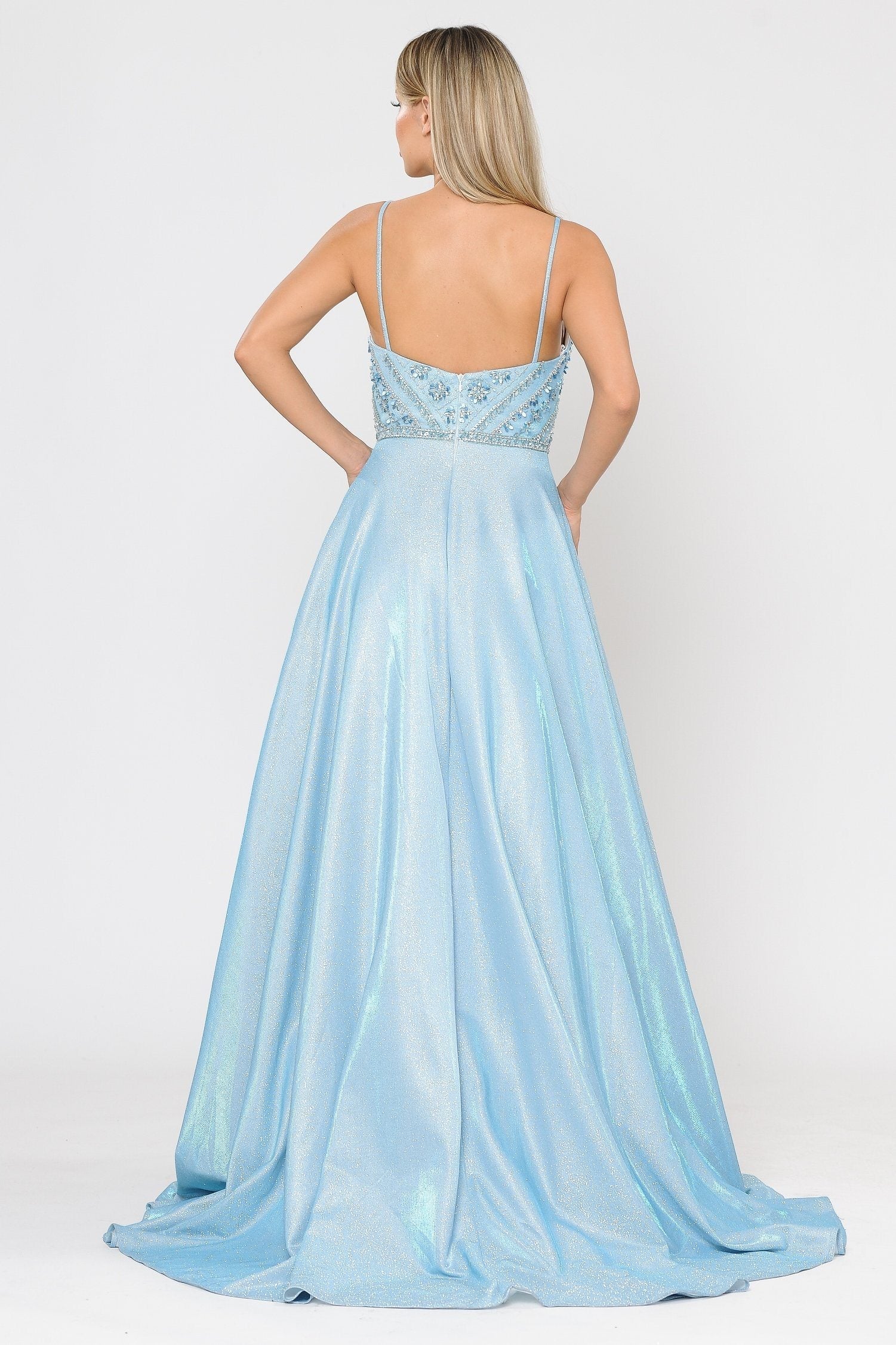 Poly USA 8414 Long Metallic Glitter Dress with Beaded Bodice