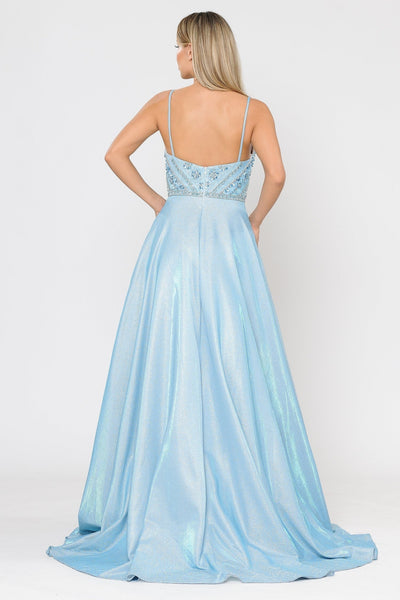Poly USA 8414 Long Metallic Glitter Dress with Beaded Bodice