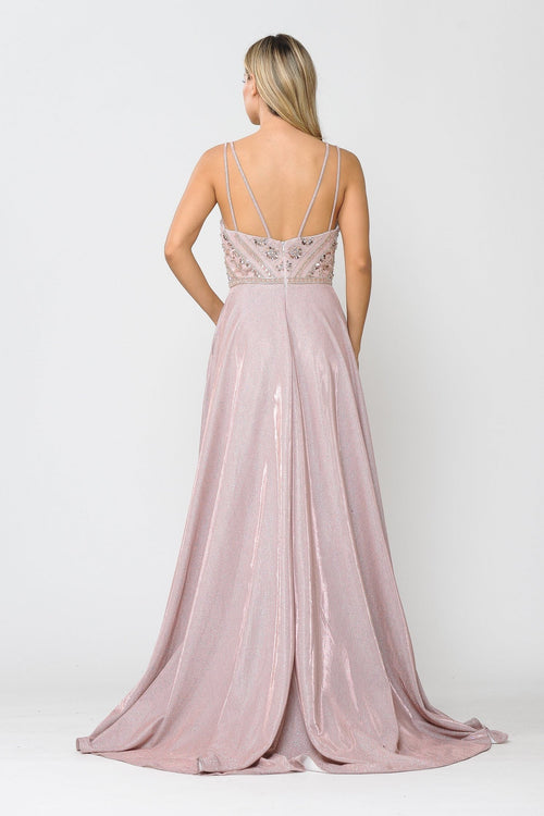Poly USA 8414 Long Metallic Glitter Dress with Beaded Bodice
