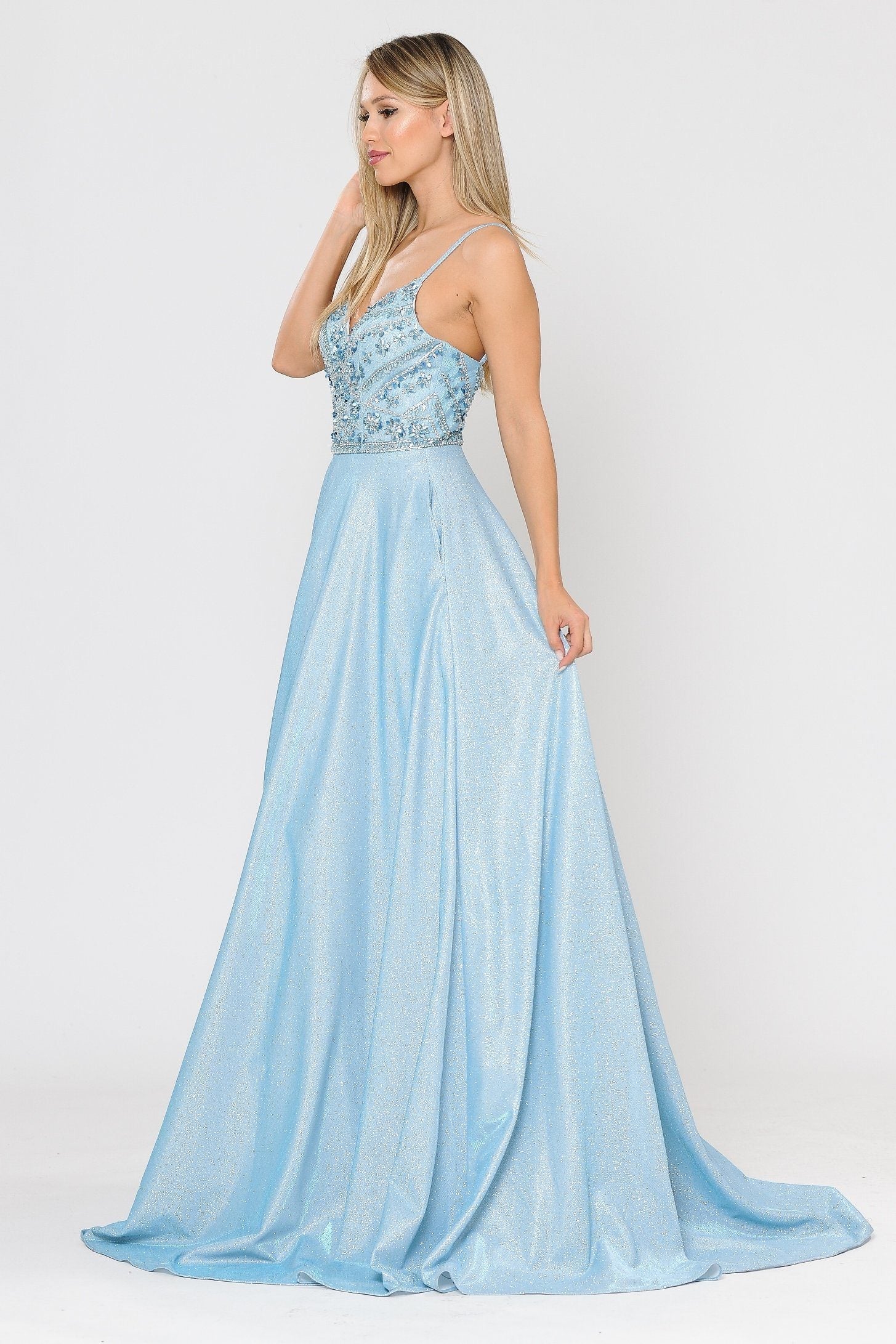 Poly USA 8414 Long Metallic Glitter Dress with Beaded Bodice