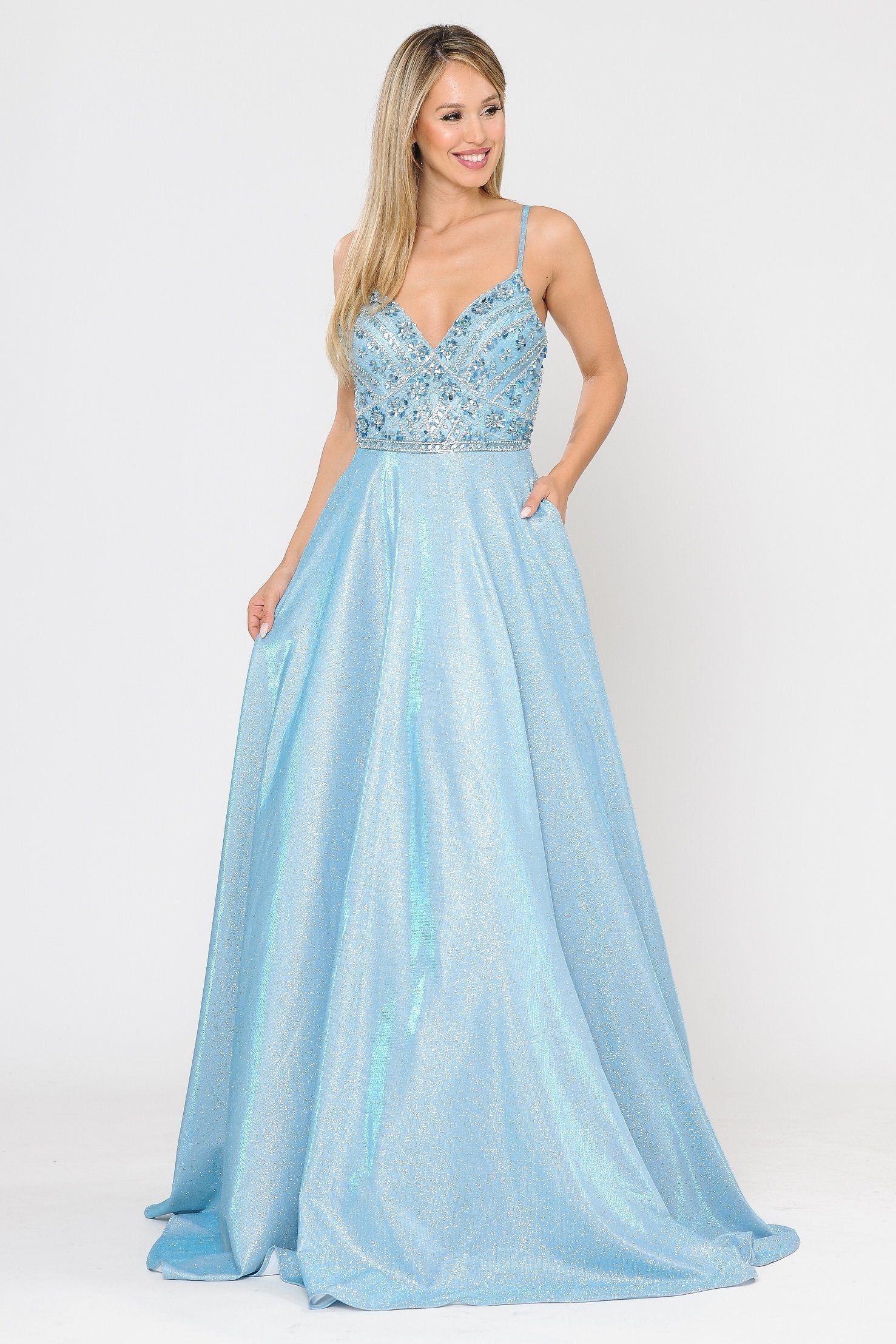 Poly USA 8414 Long Metallic Glitter Dress with Beaded Bodice