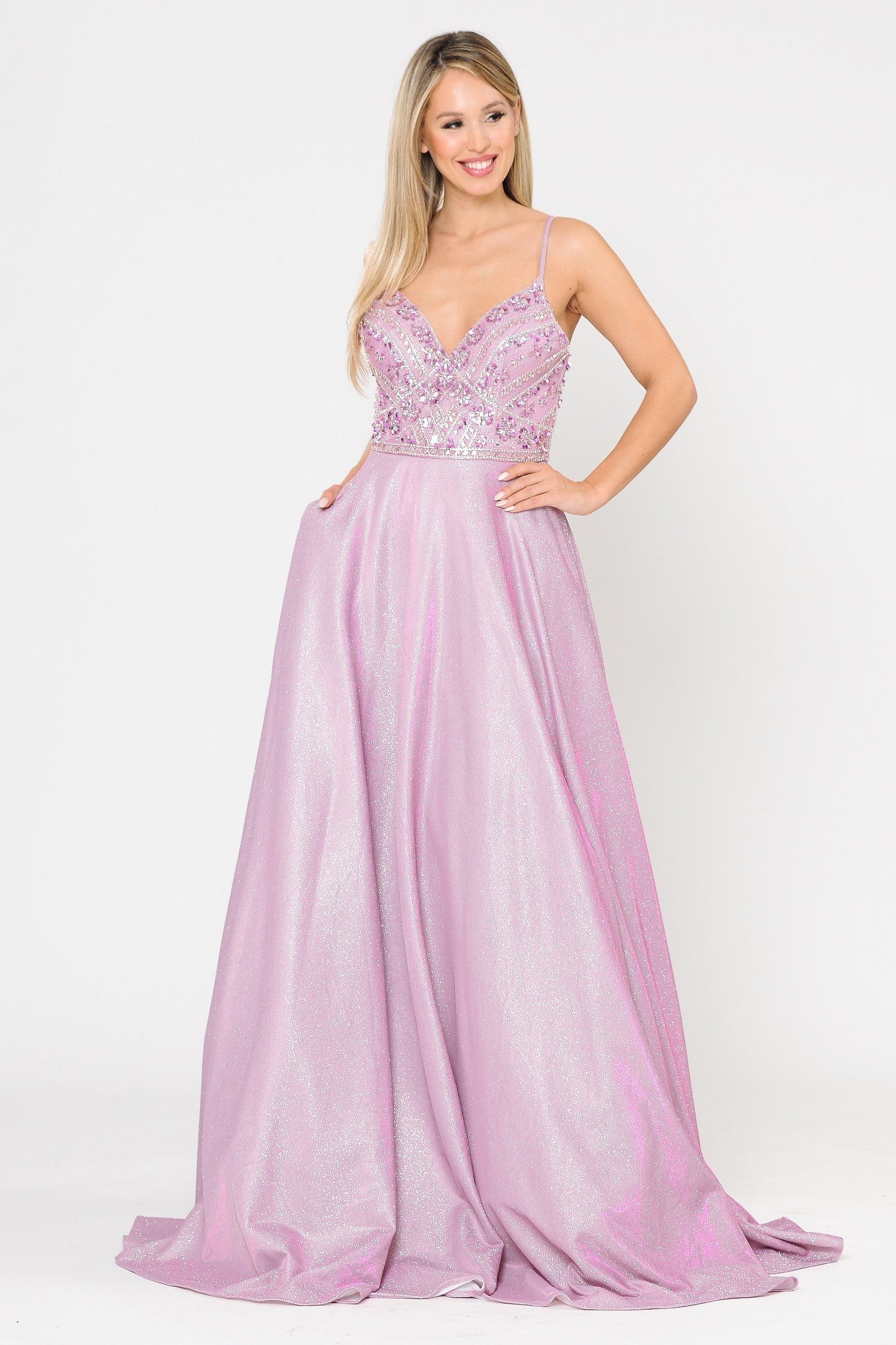 Poly USA 8414 Long Metallic Glitter Dress with Beaded Bodice