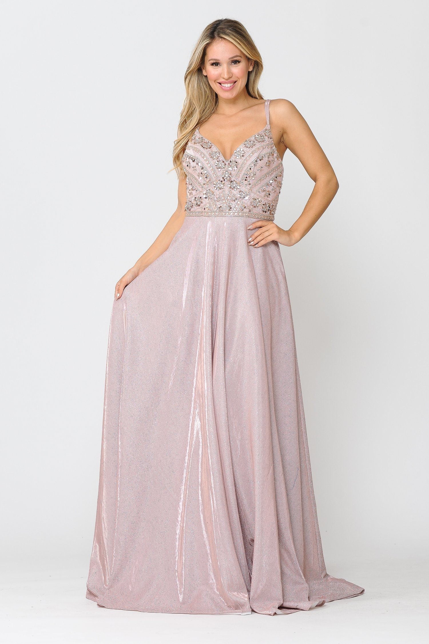 Poly USA 8414 Long Metallic Glitter Dress with Beaded Bodice
