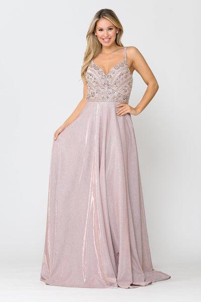 Poly USA 8414 Long Metallic Glitter Dress with Beaded Bodice