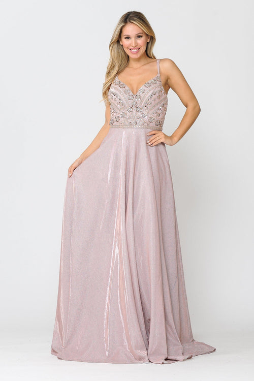 Poly USA 8414 Long Metallic Glitter Dress with Beaded Bodice