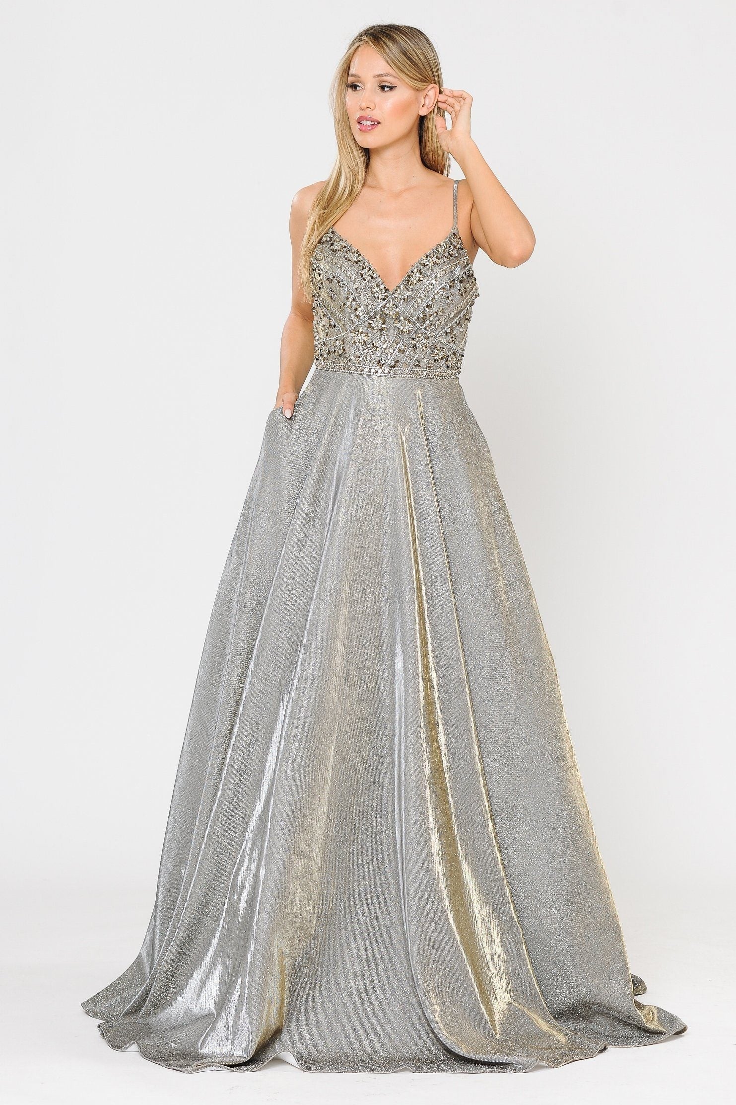 Poly USA 8414 Long Metallic Glitter Dress with Beaded Bodice