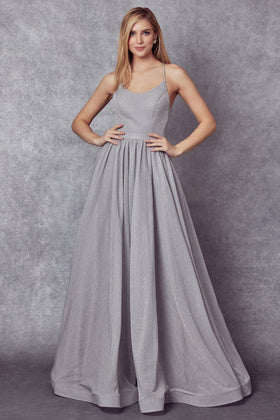 Juliet 204 Long Metallic Glitter Dress with Lace-Up Back with A-Line Skirt and Scoop Neck Neckline