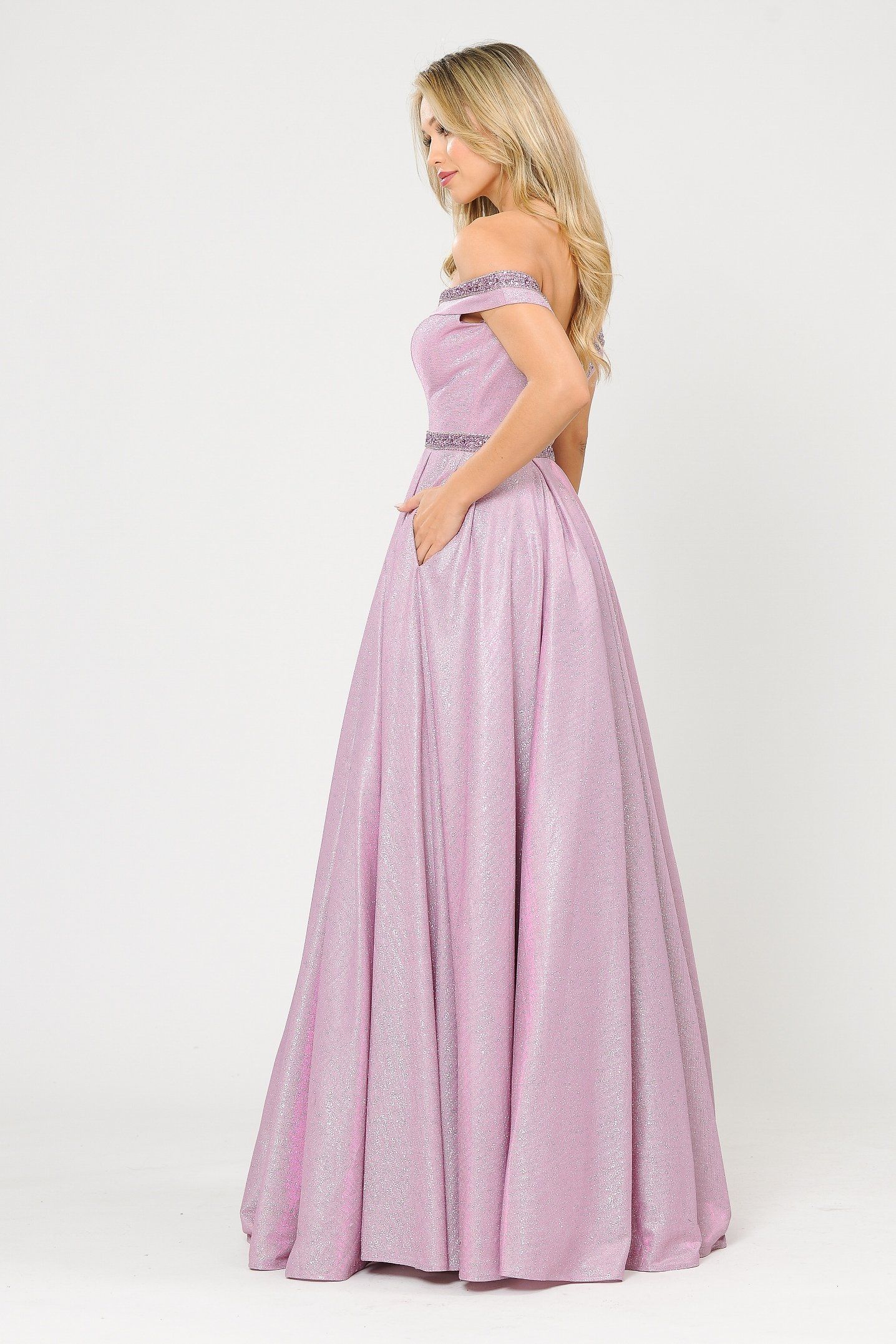 Poly USA 8664 Long Metallic Glitter Off Shoulder Dress
