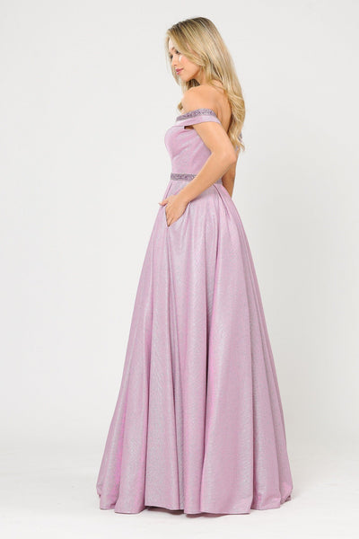 Vestido largo con hombros descubiertos y brillo metálico de Poly USA 8664