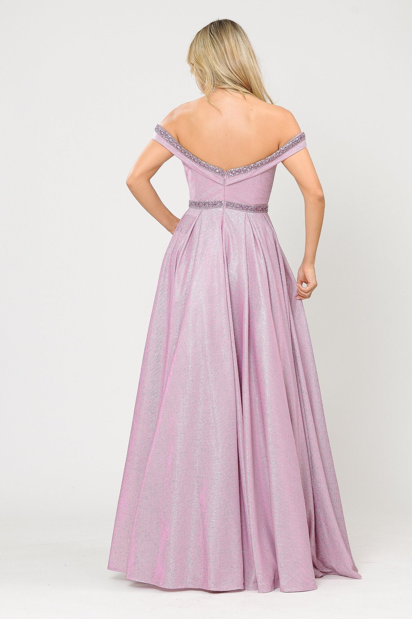 Poly USA 8664 Long Metallic Glitter Off Shoulder Dress
