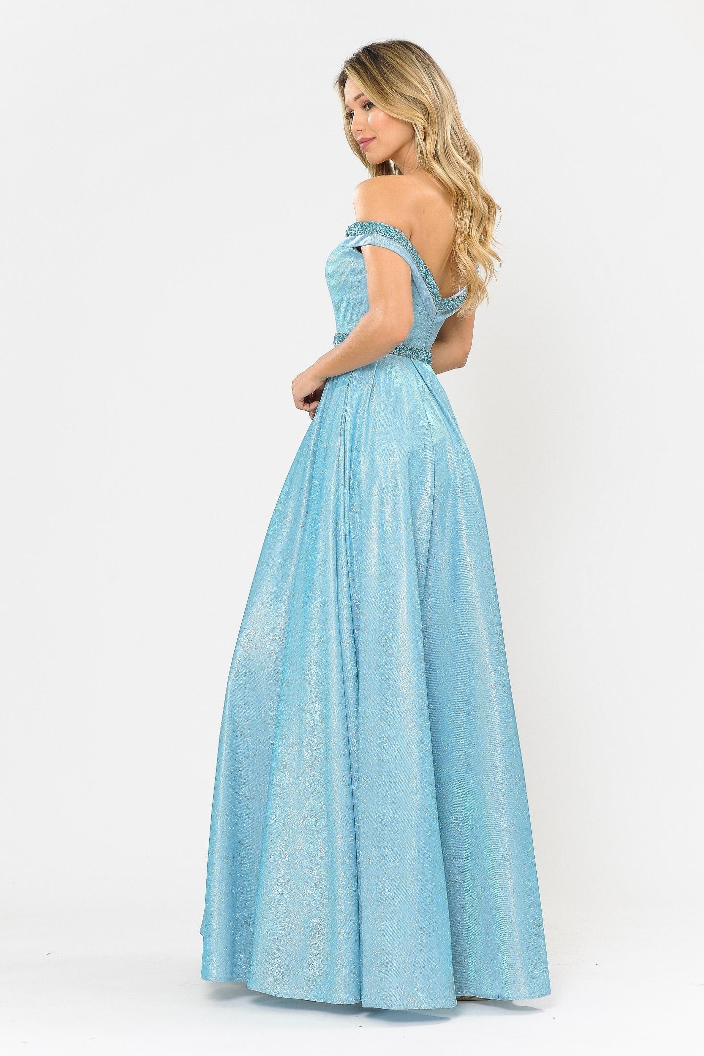 Poly USA 8664 Long Metallic Glitter Off Shoulder Dress