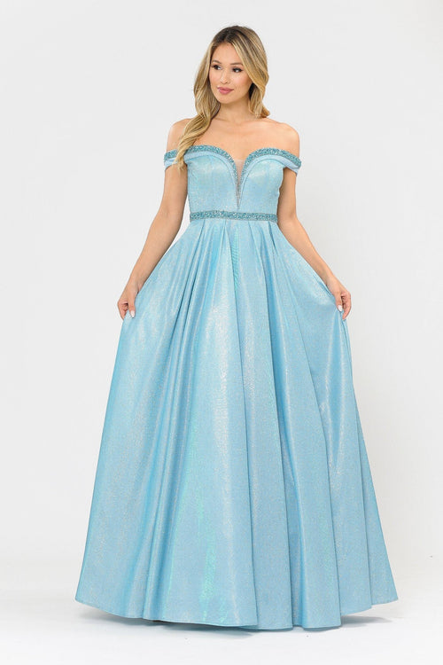 Poly USA 8664 Long Metallic Glitter Off Shoulder Dress