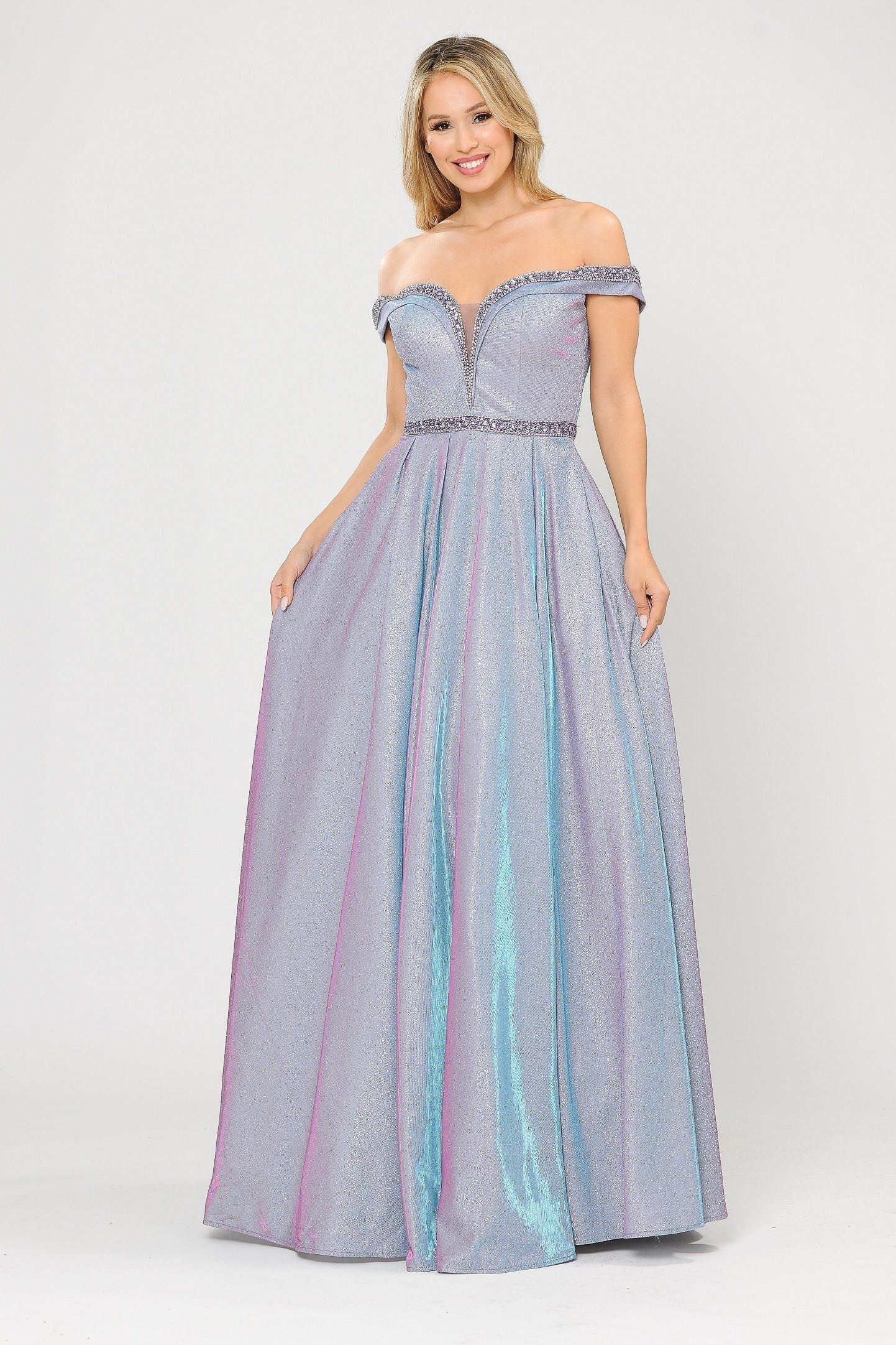 Poly USA 8664 Long Metallic Glitter Off Shoulder Dress