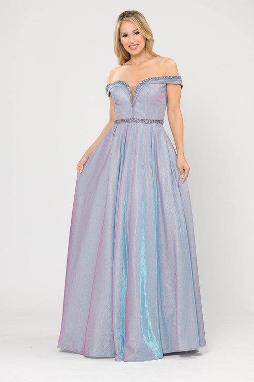 Poly USA 8664 Long Metallic Glitter Off Shoulder Dress