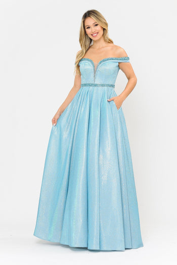 Poly USA 8664 Long Metallic Glitter Off Shoulder Dress