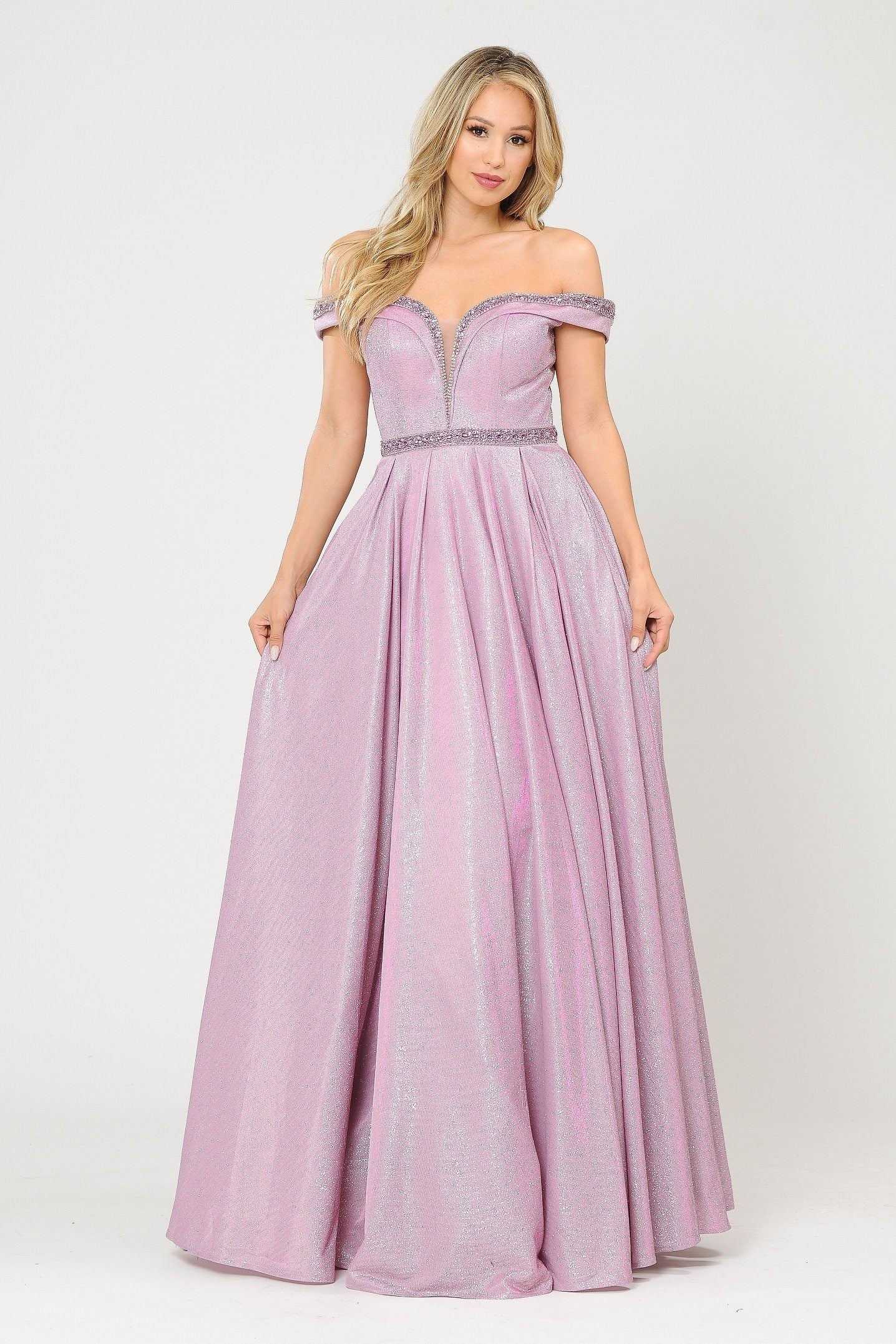 Poly USA 8664 Long Metallic Glitter Off Shoulder Dress