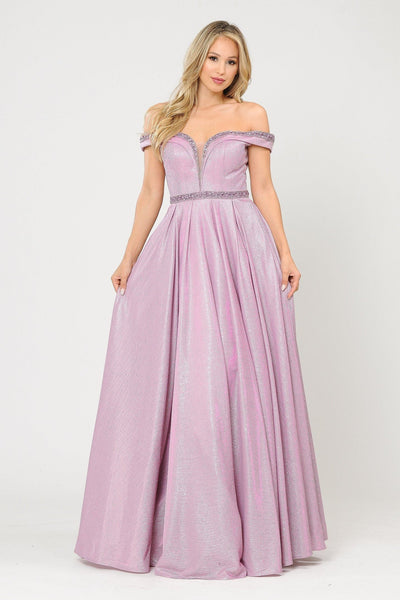 Vestido largo con hombros descubiertos y brillo metálico de Poly USA 8664