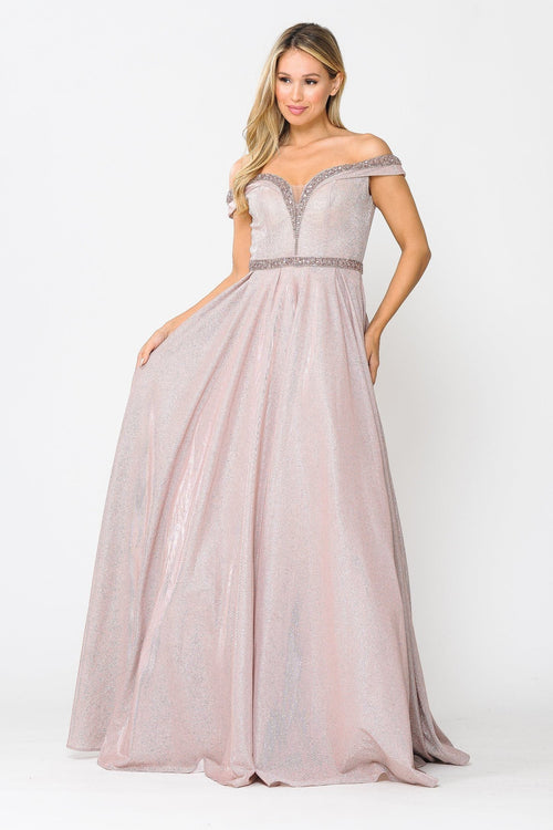 Poly USA 8664 Long Metallic Glitter Off Shoulder Dress