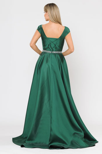 Vestido largo de mikado con mangas cortas y espalda de corsé de Poly USA 8702
