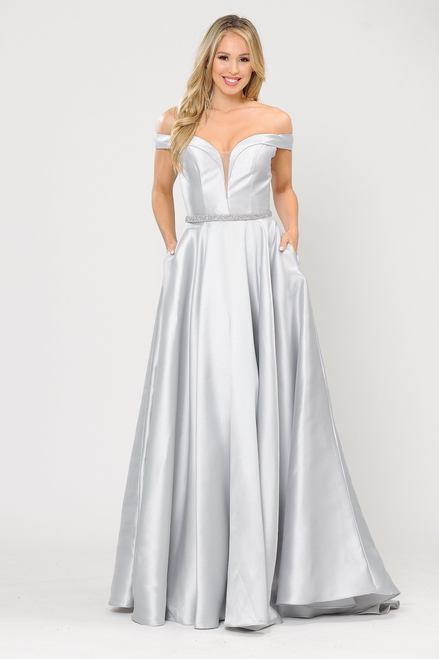 Vestido largo de mikado con hombros descubiertos de Poly USA 8686