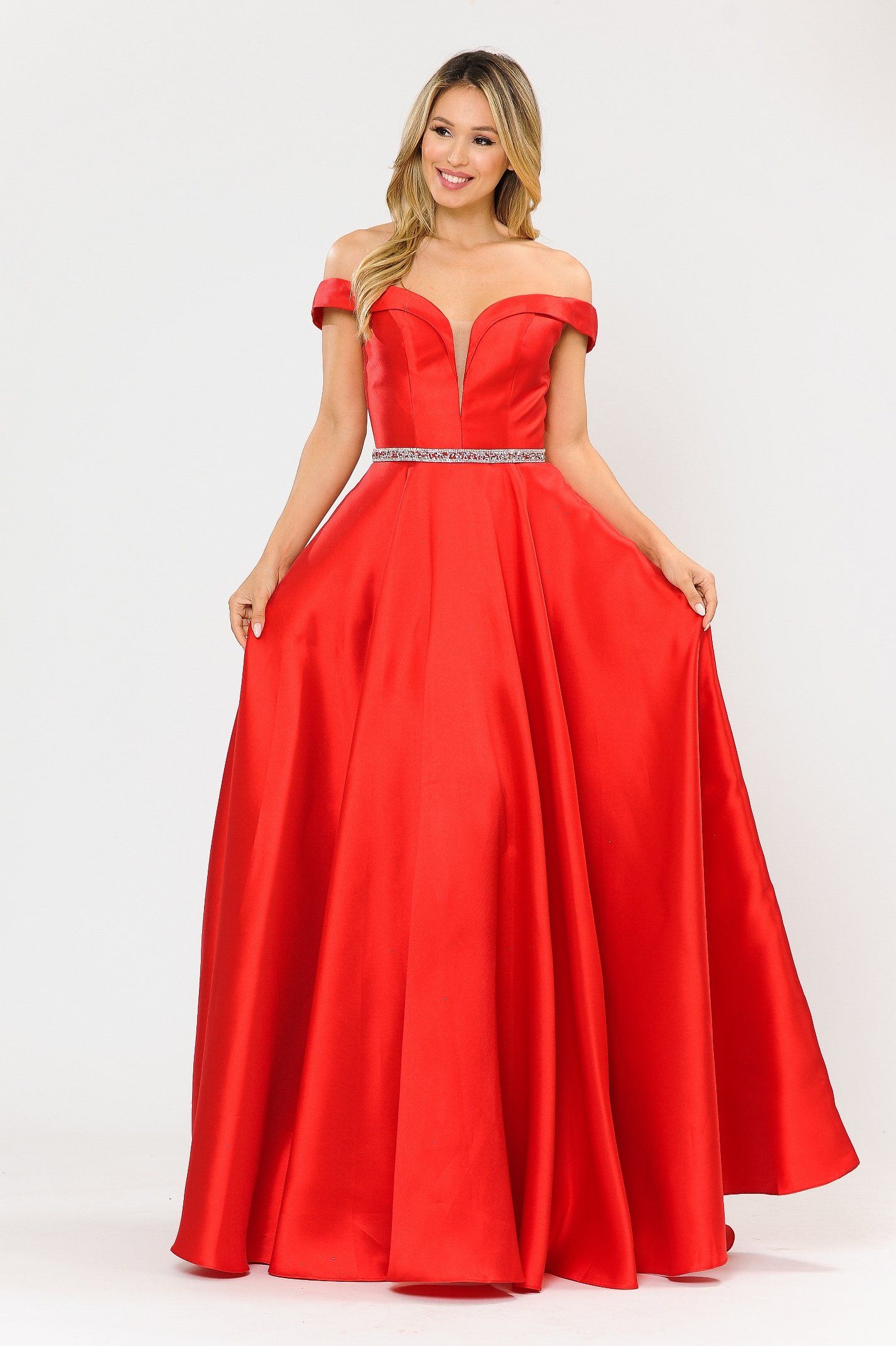 Vestido largo de mikado con hombros descubiertos de Poly USA 8686