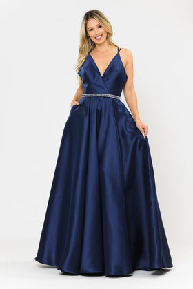 Poly USA 8690 Long Mikado V-Neck Dress with Strappy Back