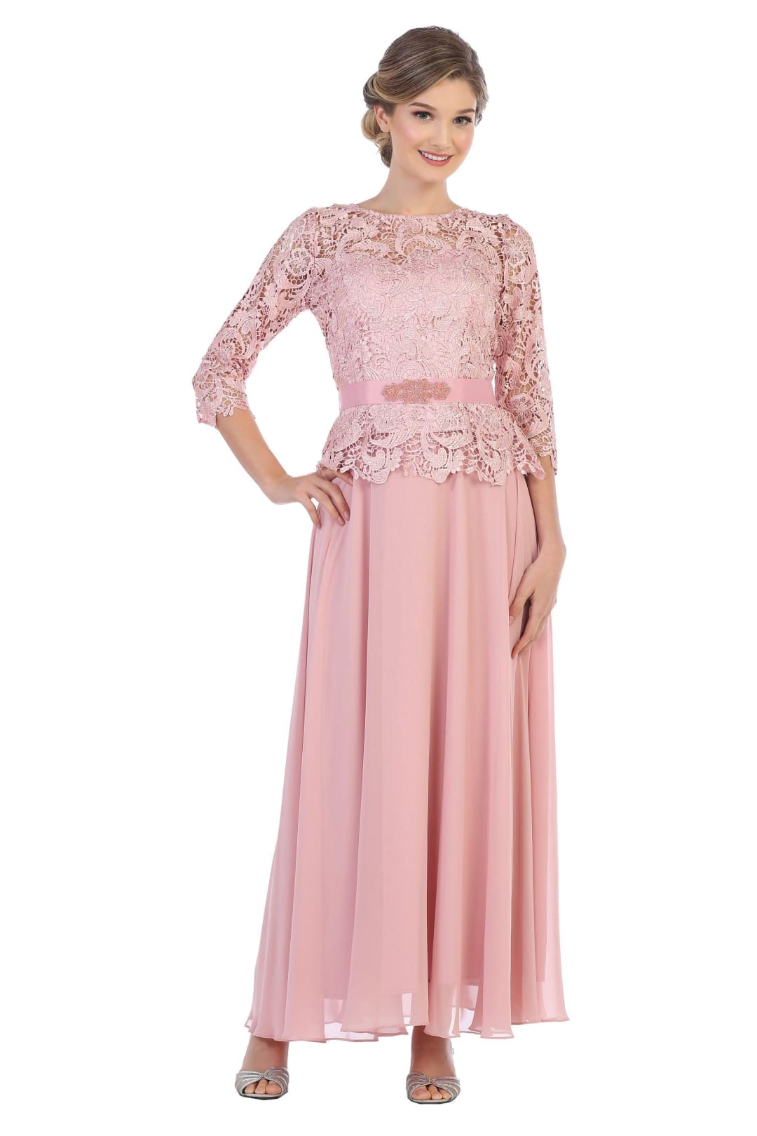Long Mother of the Bride Lace Chiffon Formal Gown - The Dress Outlet