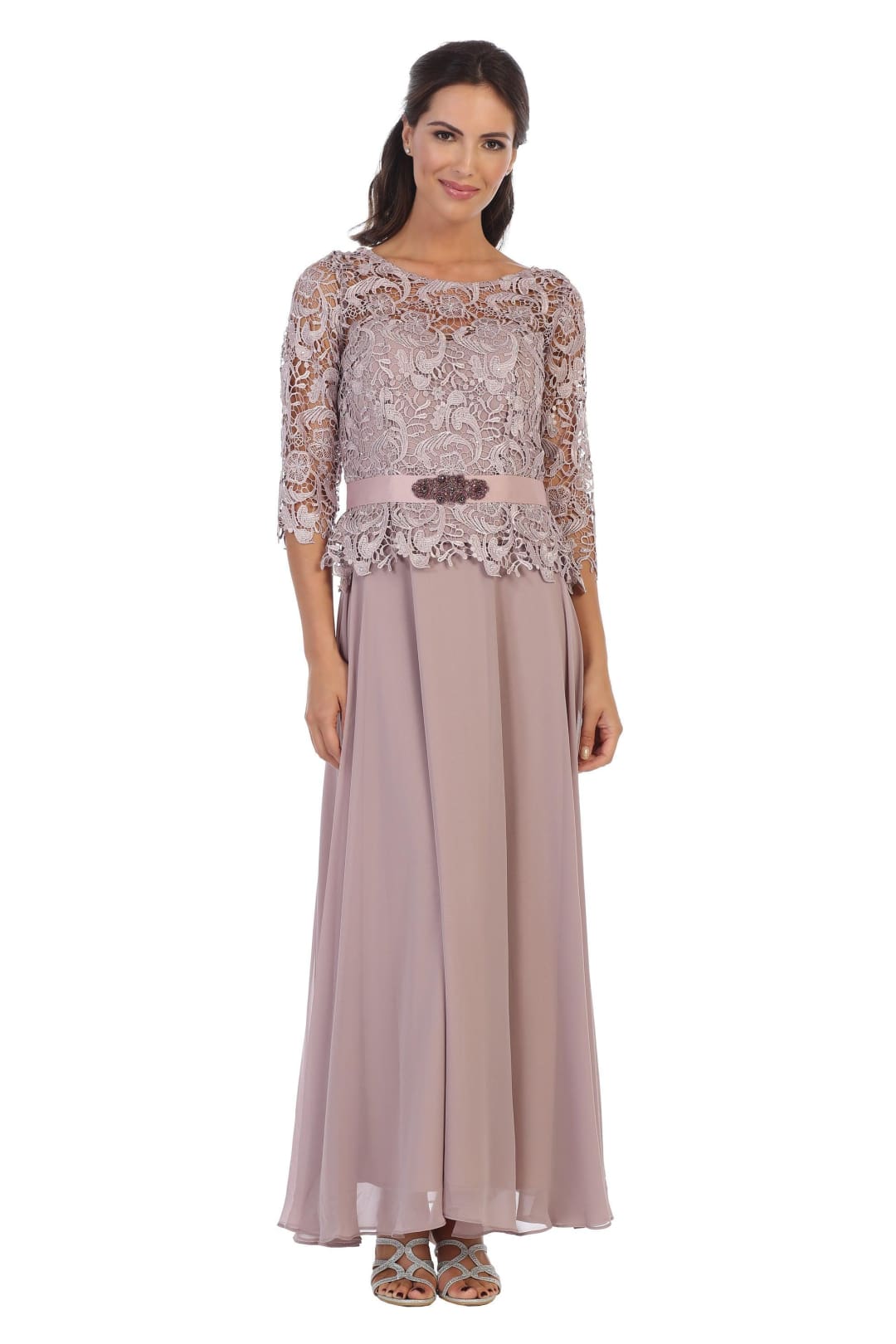 Long Mother of the Bride Lace Chiffon Formal Gown - The Dress Outlet