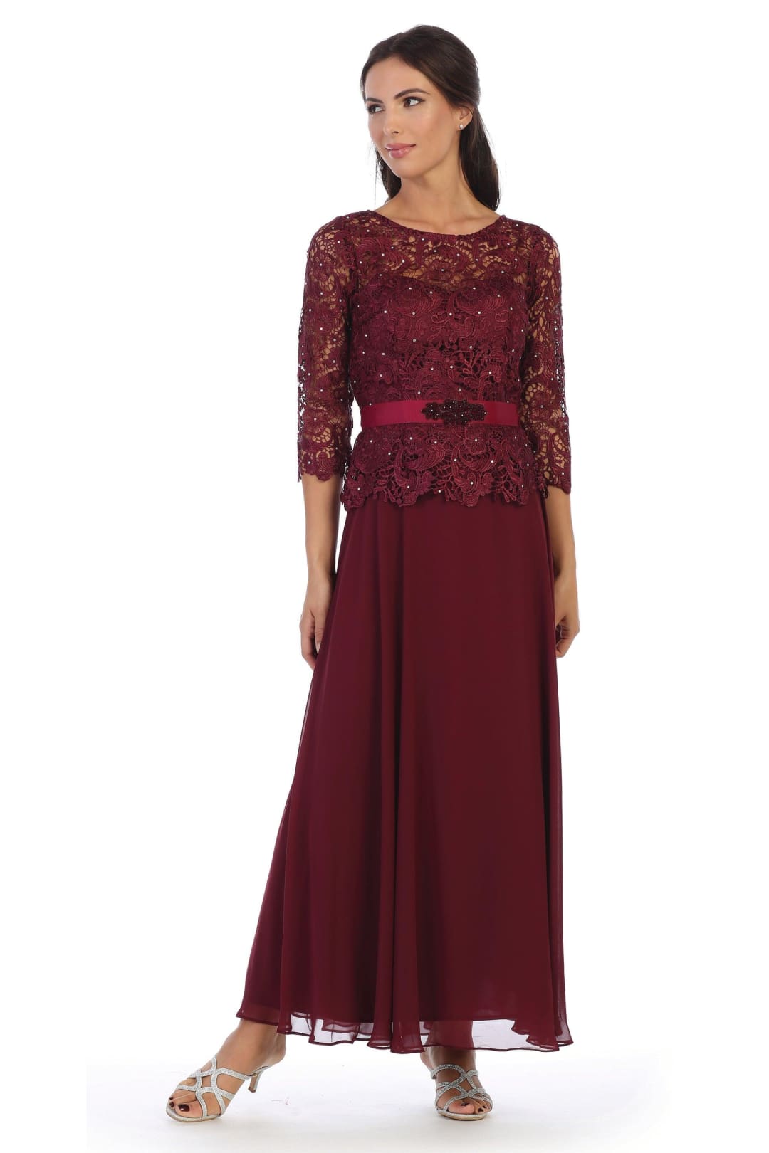 Long Mother of the Bride Lace Chiffon Formal Gown - The Dress Outlet