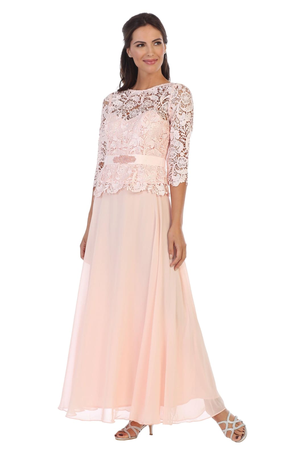 Long Mother of the Bride Lace Chiffon Formal Gown - The Dress Outlet