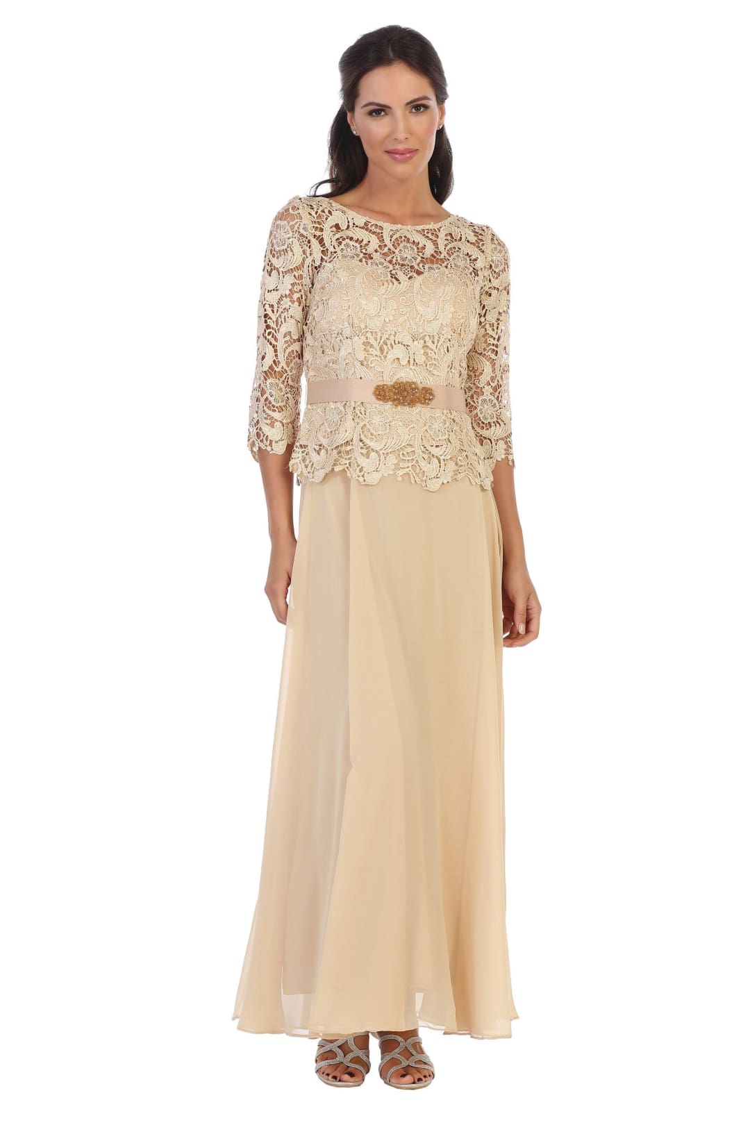 Long Mother of the Bride Lace Chiffon Formal Gown - The Dress Outlet