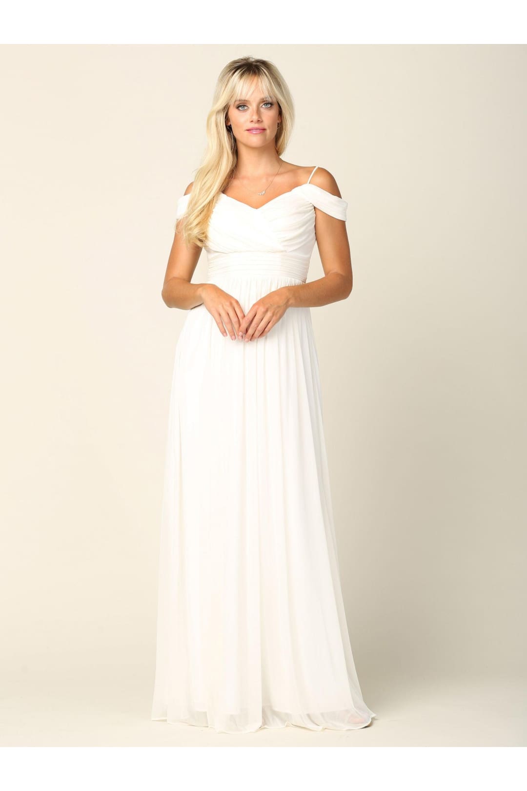 Long Off Shoulder Bridesmaid Pleated Dress - The Dress Outlet