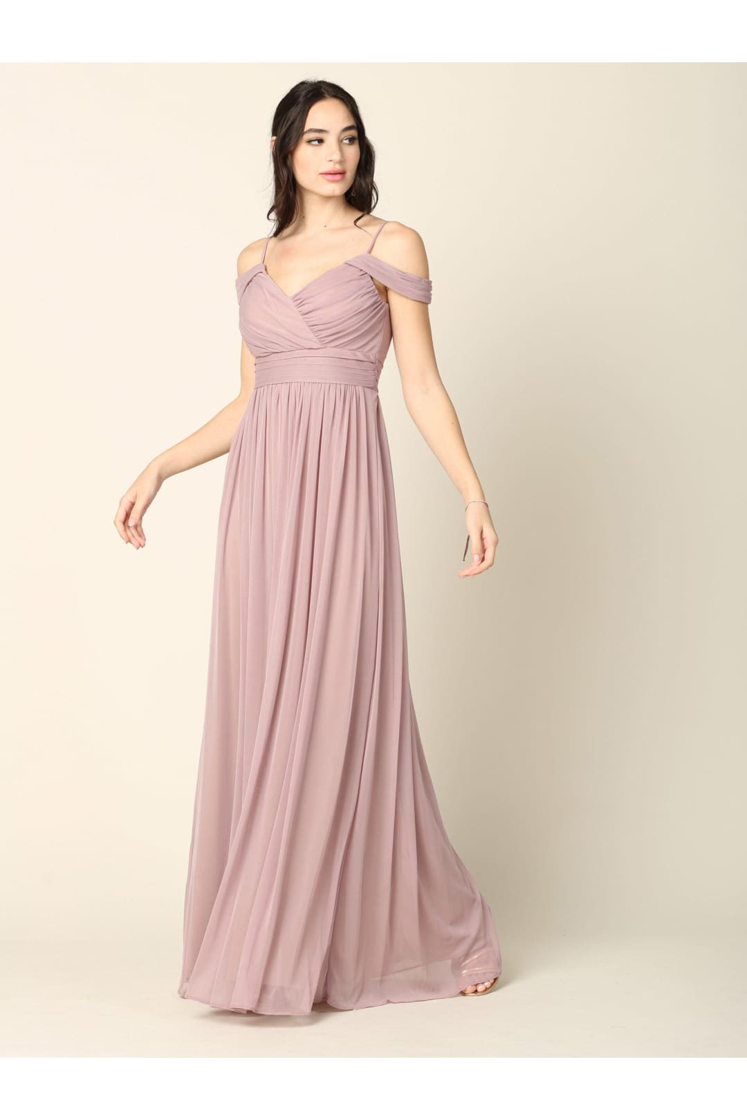 Long Off Shoulder Bridesmaid Pleated Dress - The Dress Outlet