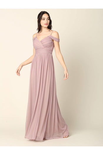 Long Off Shoulder Bridesmaid Pleated Dress - The Dress Outlet